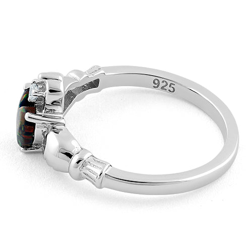 Sterling Silver Rainbow Lab Opal Claddagh CZ Ring