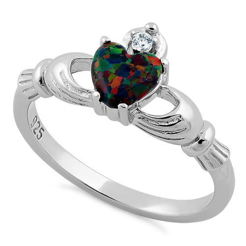 Sterling Silver Rainbow Lab Opal Claddagh CZ Ring