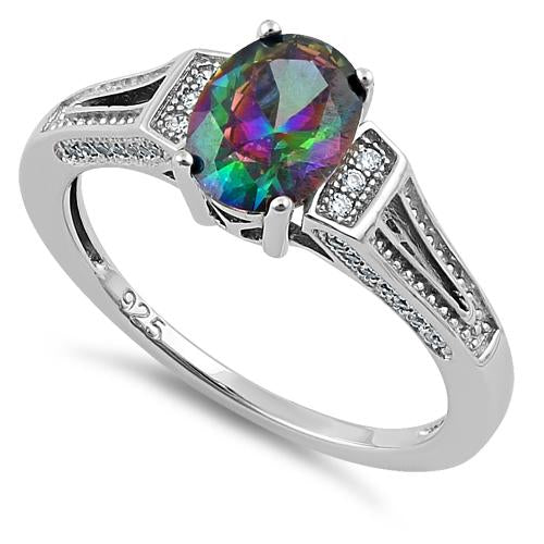 Sterling Silver Rainbow Oval Cut CZ Ring