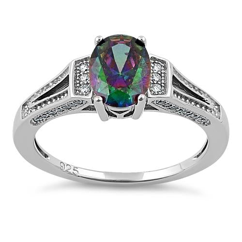 Sterling Silver Rainbow Oval Cut CZ Ring