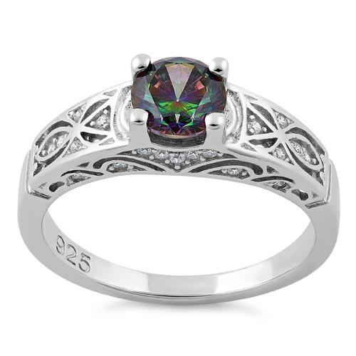 Sterling Silver Rainbow Round Cut Engagement CZ Ring