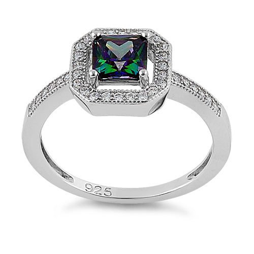 Sterling Silver Rainbow Topaz CZ Cushion Halo Ring