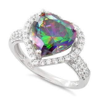 Sterling Silver Rainbow Topaz Heart Halo CZ Ring