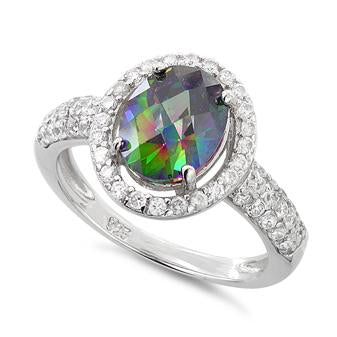 Sterling Silver Rainbow Topaz Oval Halo CZ Ring