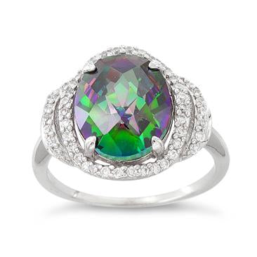 Sterling Silver Rainbow Topaz Oval Halo CZ Ring