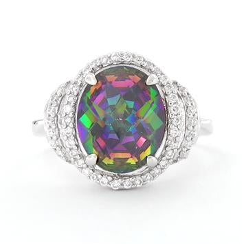 Sterling Silver Rainbow Topaz Oval Halo CZ Ring