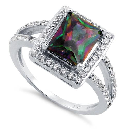 Sterling Silver Rainbow Topaz Rectangular Halo CZ Ring