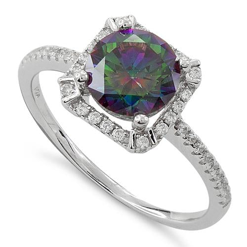 Sterling Silver Rainbow Topaz Round Halo Pave CZ Ring