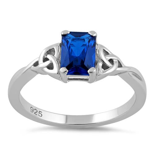 Sterling Silver Rectangle Blue Spinel Celtic CZ Ring