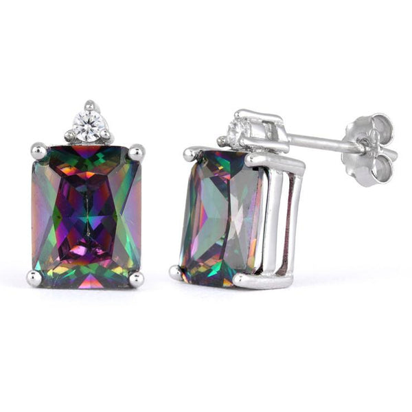 Sterling Silver Rectangular Rainbow Topaz CZ Earrings