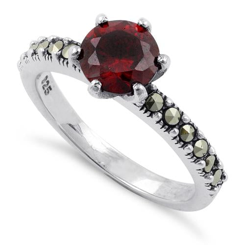Sterling Silver Red CZ Marcasite Ring