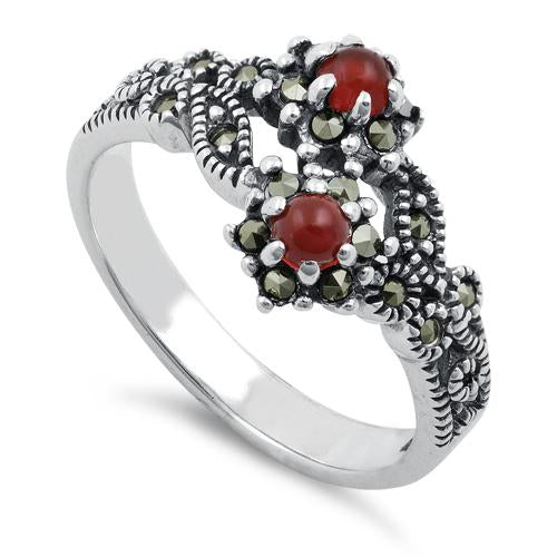 Sterling Silver Red Agate Double Flower Marcasite Ring