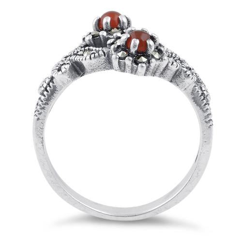 Sterling Silver Red Agate Double Flower Marcasite Ring