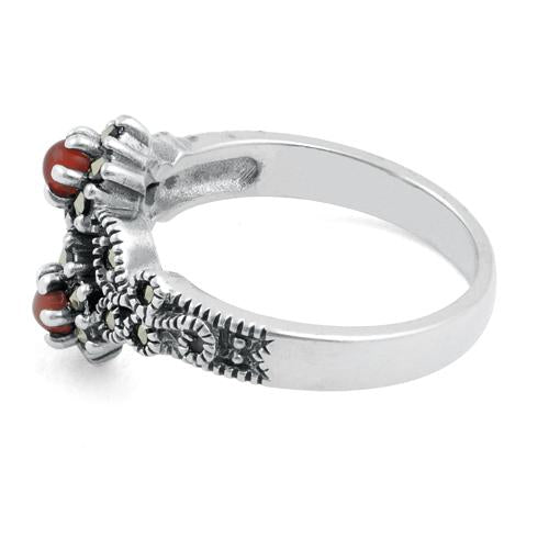 Sterling Silver Red Agate Double Flower Marcasite Ring