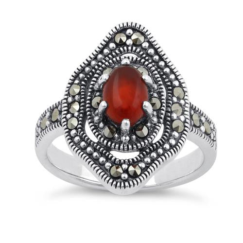 Sterling Silver Red Agate Eye Marcasite Ring