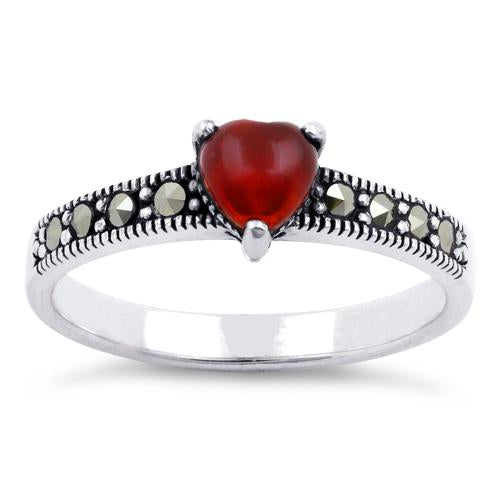 Sterling Silver Red Agate Heart Marcasite Ring
