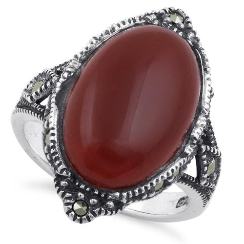 Sterling Silver Oval Red Agate Marcasite Ring