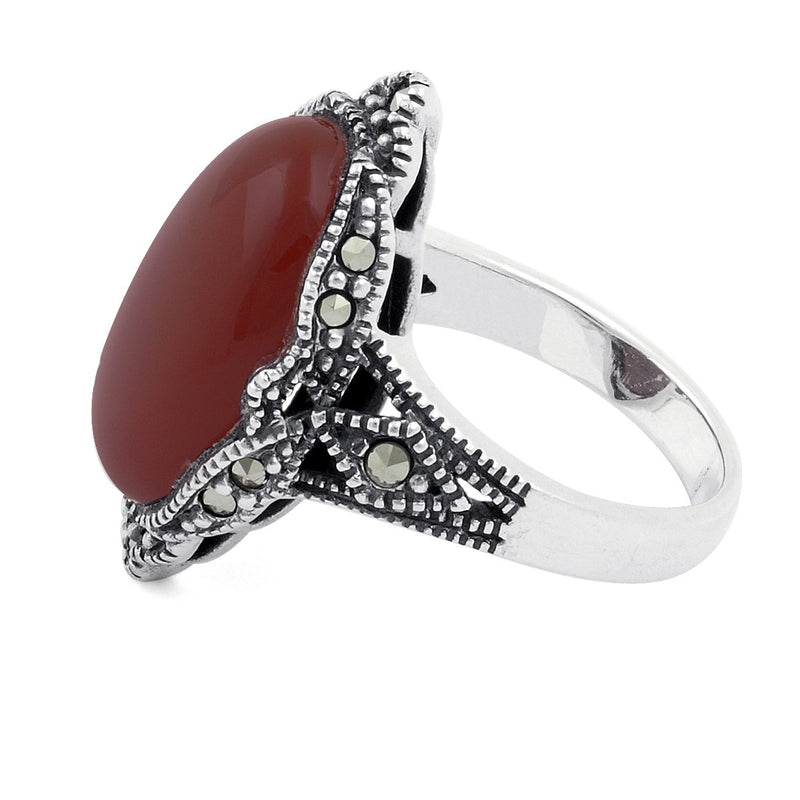 Sterling Silver Oval Red Agate Marcasite Ring