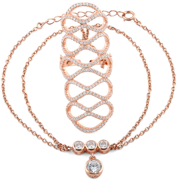 Sterling Silver Rose Gold Figure 8 Extravagant CZ Chain Ring Bracelet