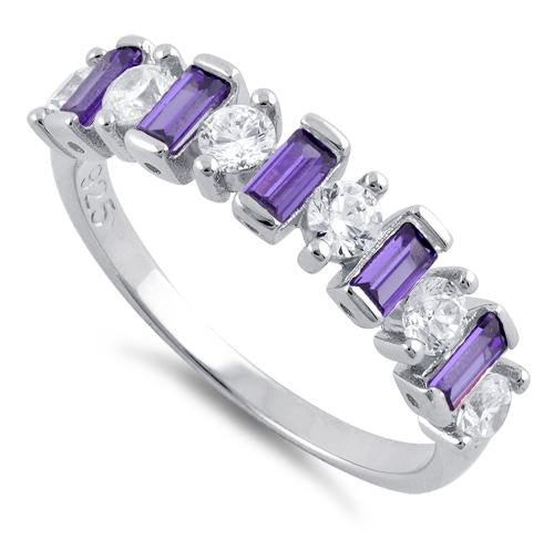 Sterling Silver Round & Baguette Amethyst CZ Ring