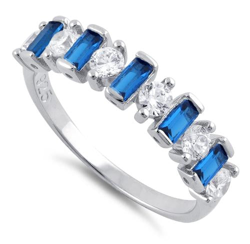 Sterling Silver Round & Baguette Blue Sapphire CZ Ring