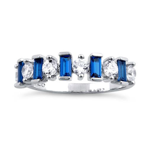 Sterling Silver Round & Baguette Blue Sapphire CZ Ring