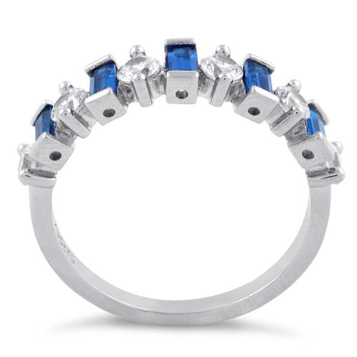 Sterling Silver Round & Baguette Blue Sapphire CZ Ring