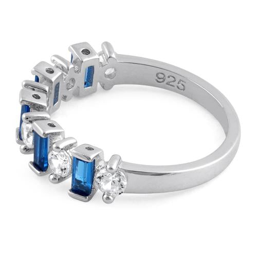 Sterling Silver Round & Baguette Blue Sapphire CZ Ring