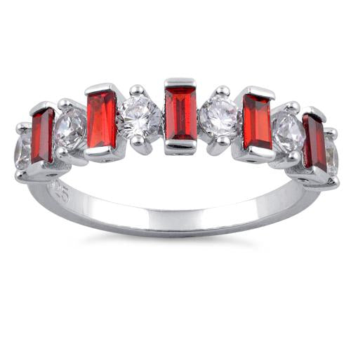 Sterling Silver Round & Baguette Garnet CZ Ring