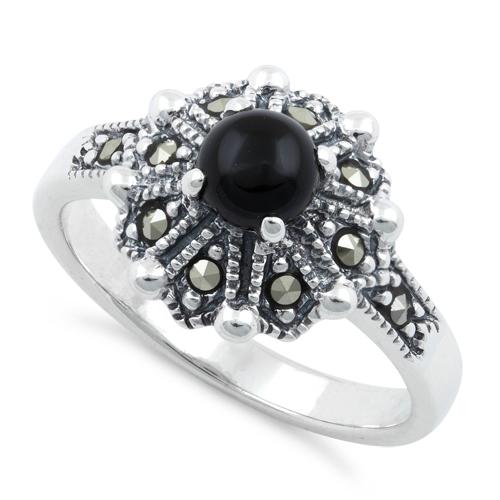 Sterling Silver Round Black Onyx Flower Marcasite Ring