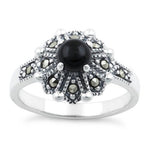 Sterling Silver Round Black Onyx Flower Marcasite Ring