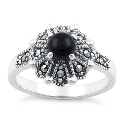 Sterling Silver Round Black Onyx Flower Marcasite Ring