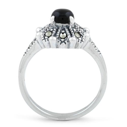 Sterling Silver Round Black Onyx Flower Marcasite Ring