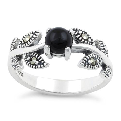 Sterling Silver Round Black Onyx Leaves Marcasite Ring