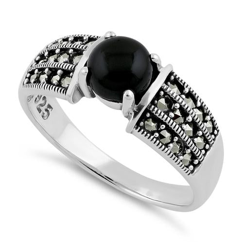 Sterling Silver Round Black Onyx Marcasite Ring