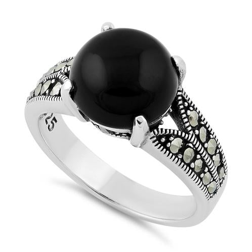 Sterling Silver Round Black Onyx Marcasite Ring
