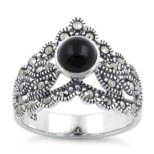 Sterling Silver Round Black Onyx Tiara Marcasite Ring