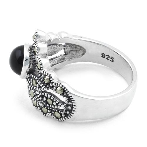 Sterling Silver Round Black Onyx Tiara Marcasite Ring