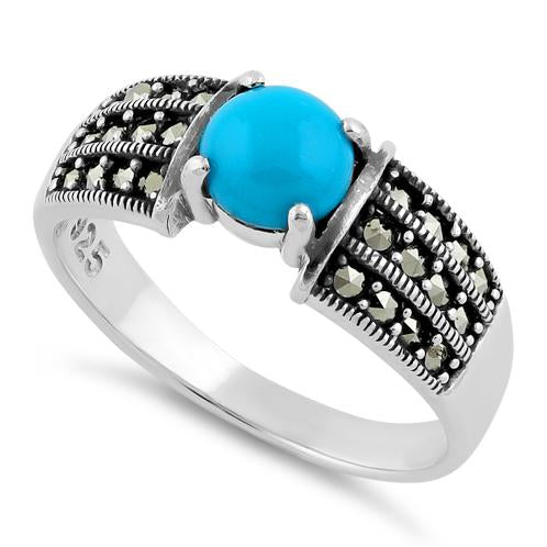 Sterling Silver Round Simulated Turquoise Marcasite Ring