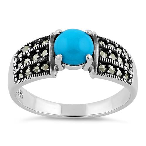 Sterling Silver Round Simulated Turquoise Marcasite Ring