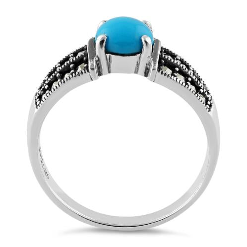 Sterling Silver Round Simulated Turquoise Marcasite Ring