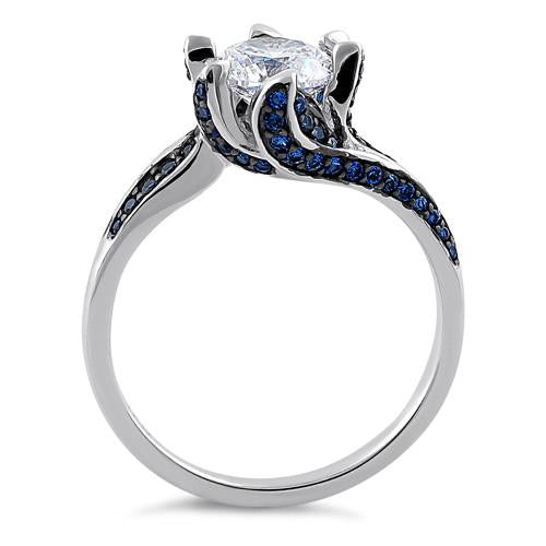 Sterling Silver Round Cut Clear & Blue Spinel CZ Ring