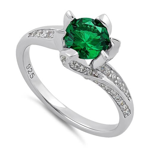 Sterling Silver Round Cut Emerald & Clear CZ Ring