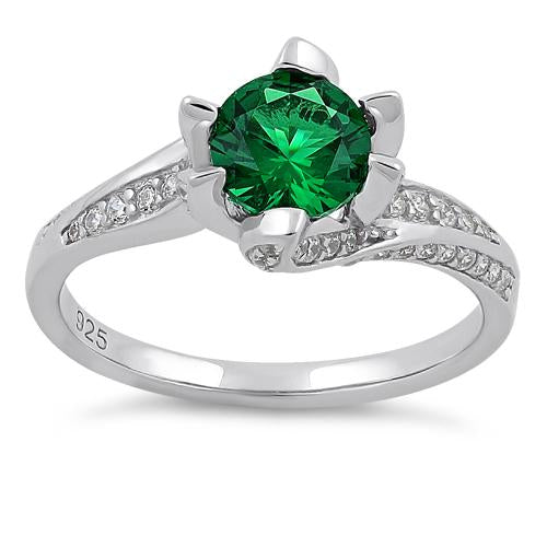 Sterling Silver Round Cut Emerald & Clear CZ Ring