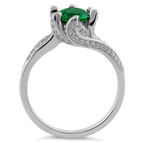 Sterling Silver Round Cut Emerald & Clear CZ Ring