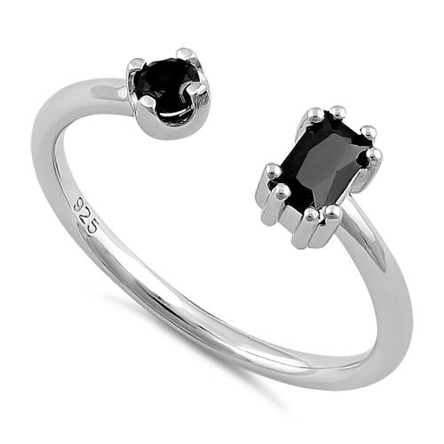 Sterling Silver Round & Emerald Cut Black CZ Ring