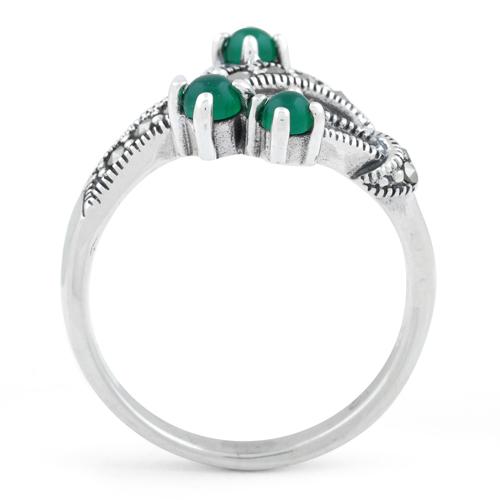 Sterling Silver Round Green Agate Abstract Marcasite Ring
