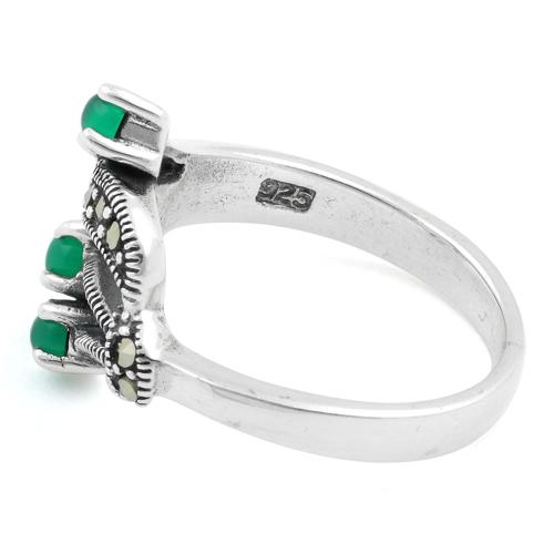 Sterling Silver Round Green Agate Abstract Marcasite Ring