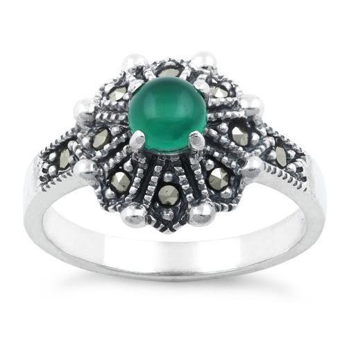 Sterling Silver Round Green Agate Flower Marcasite Ring