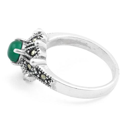 Sterling Silver Round Green Agate Flower Marcasite Ring